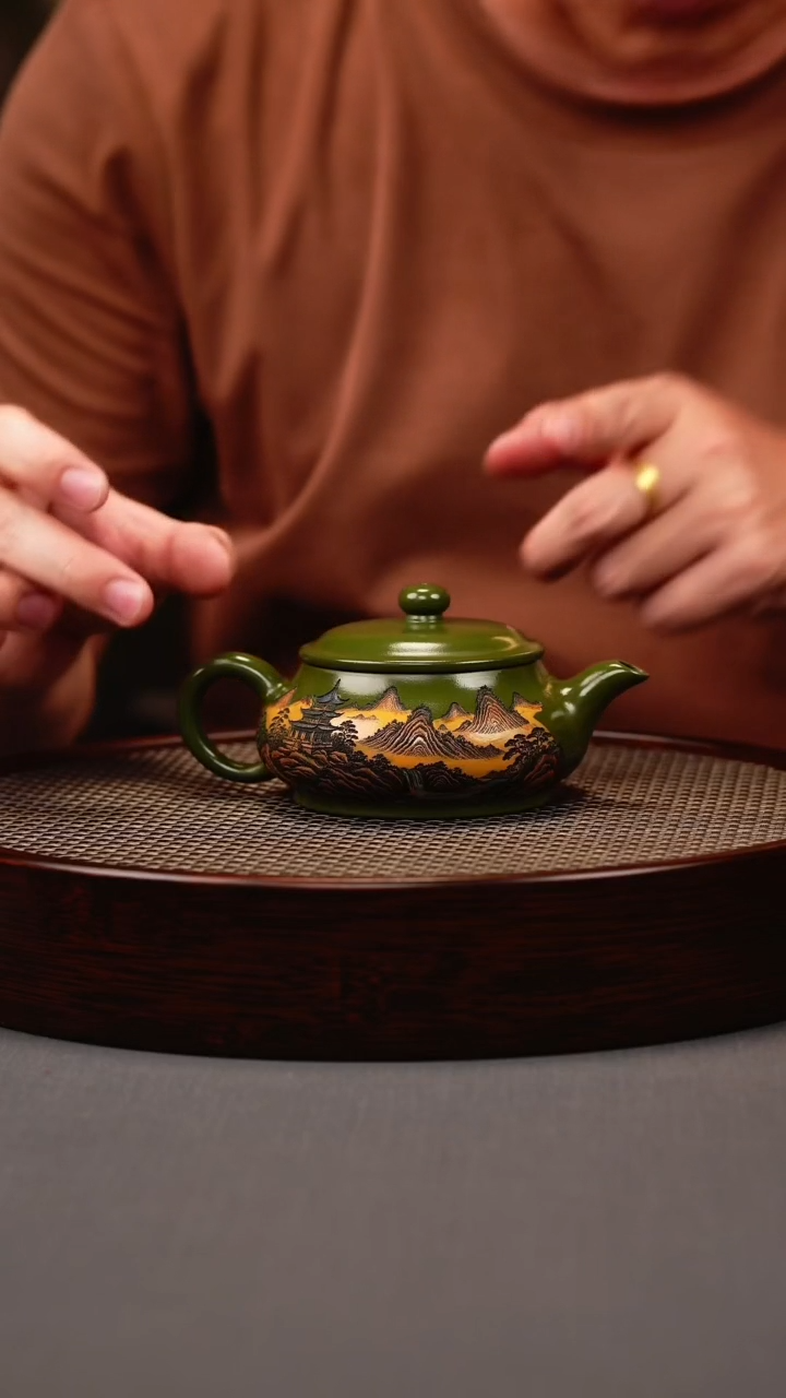 茶壶紫砂绿泥 明炉 彩刻山水