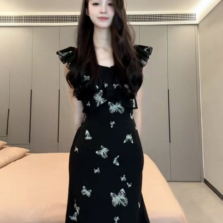 小个子高级感法式小飞袖碎花连衣裙子女装夏季气质穿搭黑色长裙