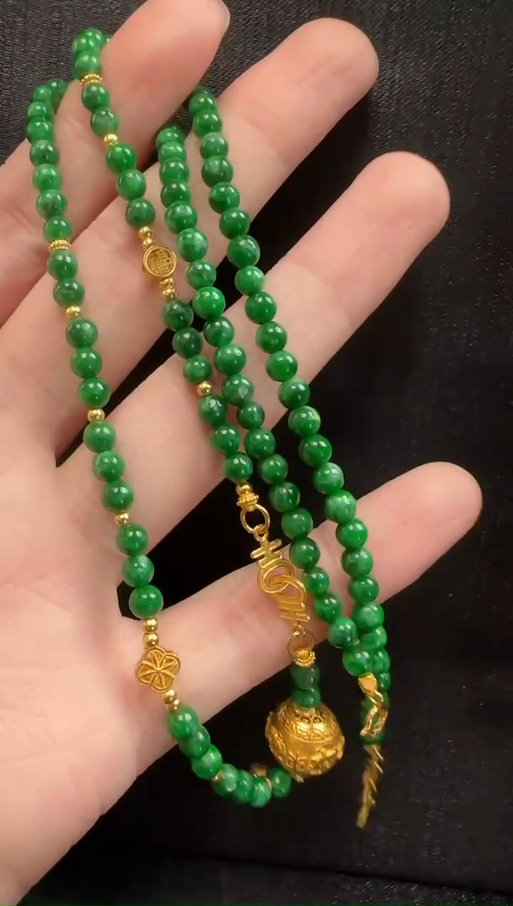 颈饰18K金镶嵌翡翠016玉珠一条