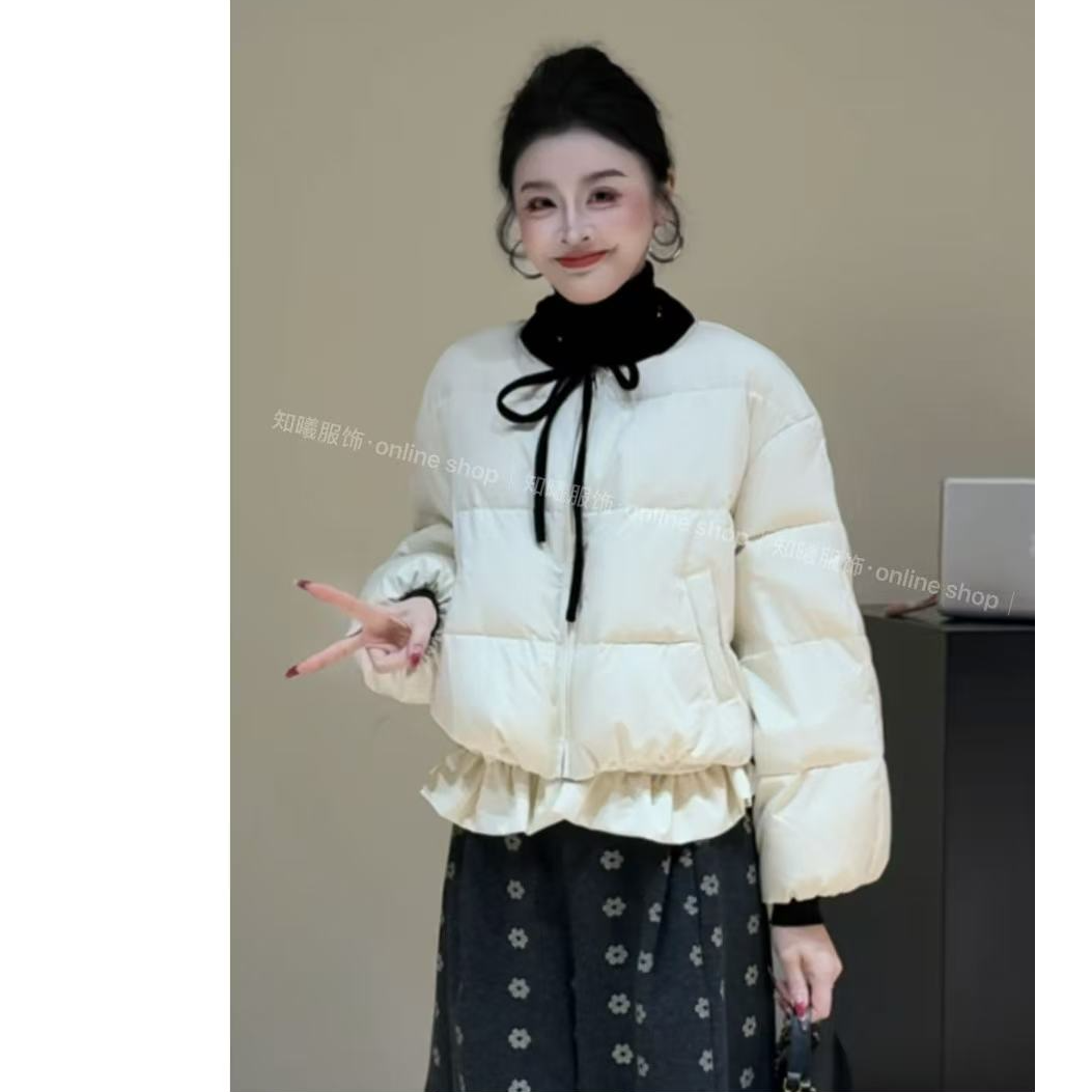 冬季新款高级感蝴蝶结领口时尚荷叶边90白鸭绒短款羽绒服5195