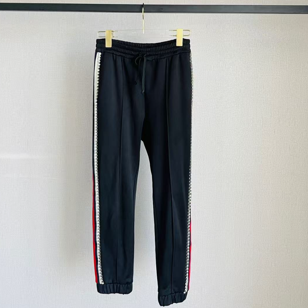 95新 GUCCI/古驰 黑色拼接红色侧边水钻休闲裤/xs/编号0656