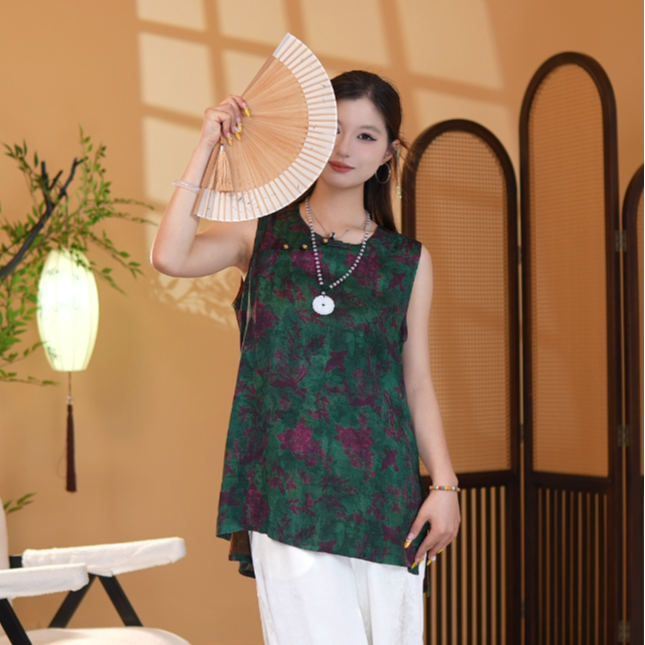 中式夏季提花无袖百搭休闲中长款国风上衣