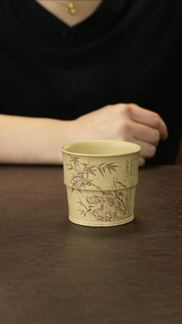 茶杯紫砂蒋文琴 本绿 竹节杯 刻兰花