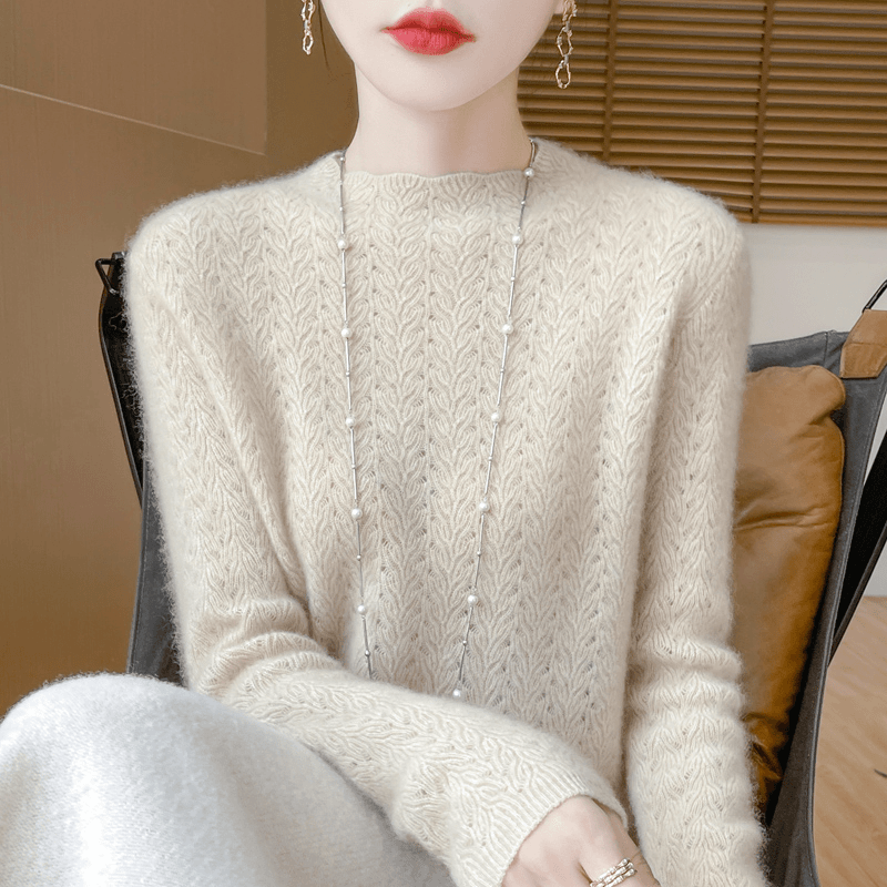 超软糯~秋冬新款镂空半高领100纯羊毛衫女套头提花针织显瘦打底