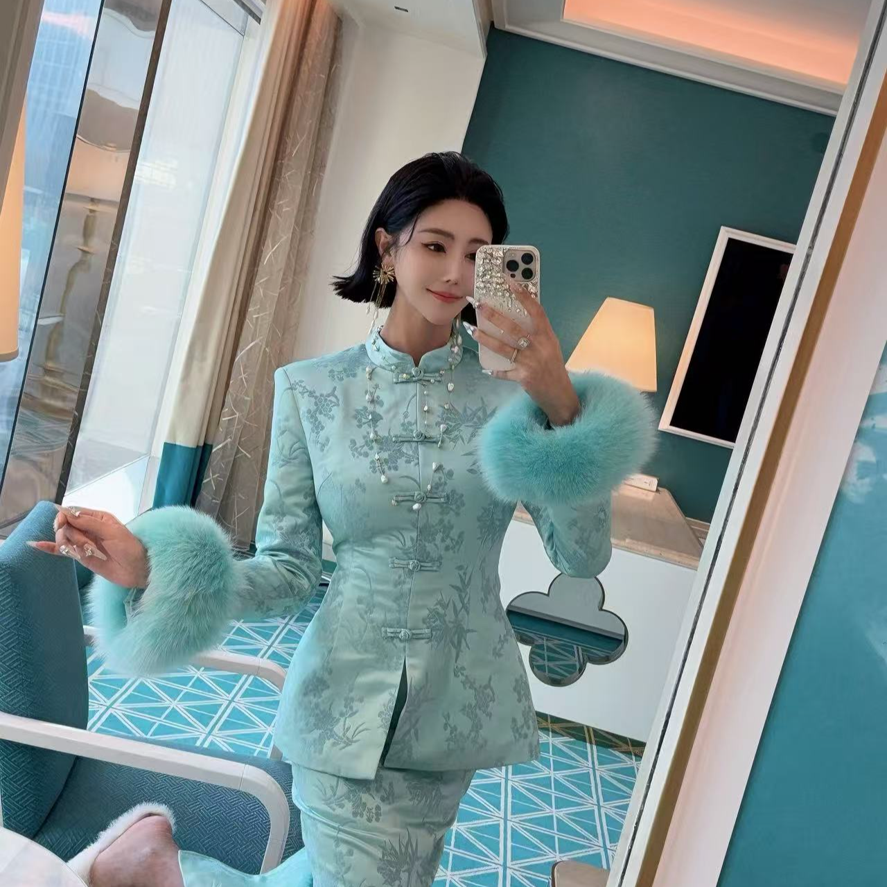 DUOMI【新年吉祥】蓝黄两色净版中式毛毛袖树叶印花半裙TZ14452