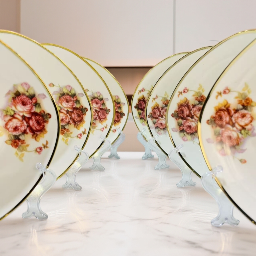 新疆包邮【新玫瑰10个放盘】盘子家用创意陶瓷描金杯碟金边英式轻奢