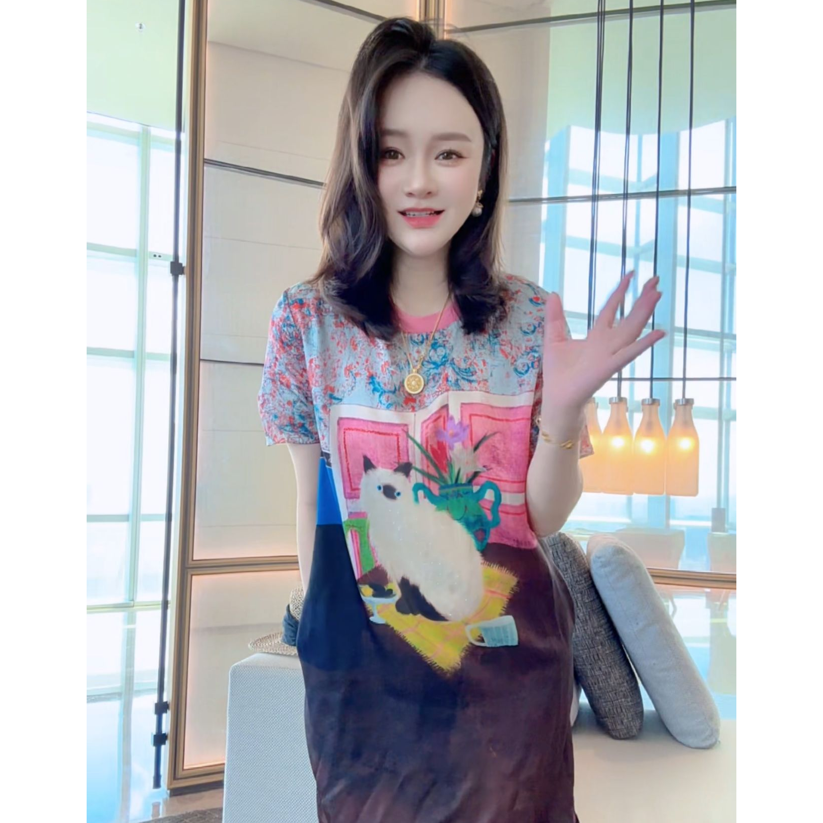 【丝芙玉禄】(S370)真丝双桥夏季可爱喵咪桑蚕丝女装连衣裙