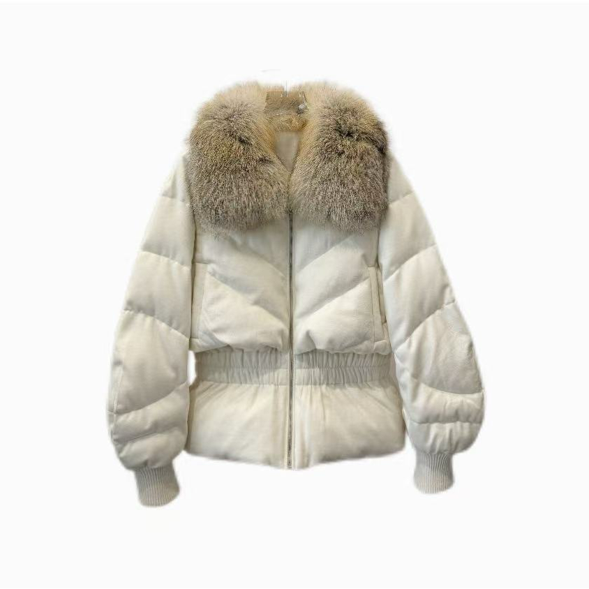 756333-冬季大领收腰女士气质加厚保暖白鹅绒外套