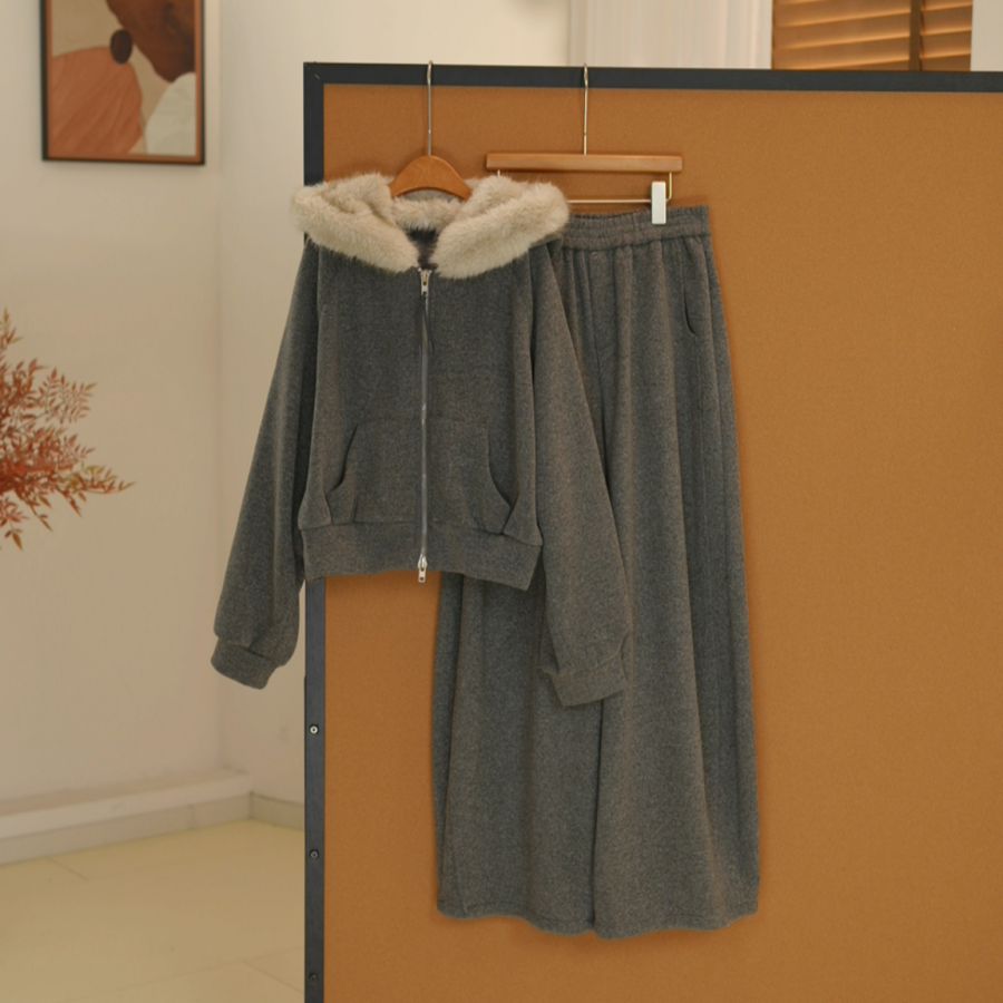 秋冬女大童加绒卫衣套装加厚毛领外套+休闲卫裤两件套亲子-SW759