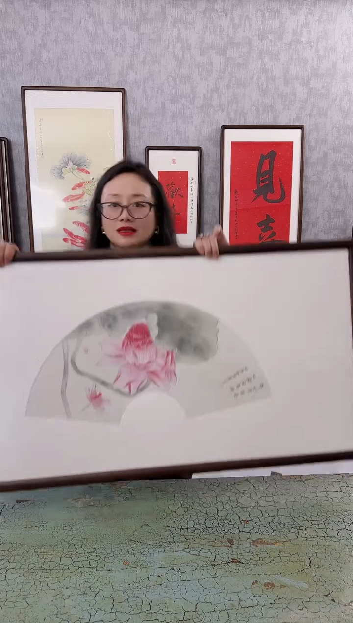 【闪购商品】书法扇形荷花  103x53  手绘作品