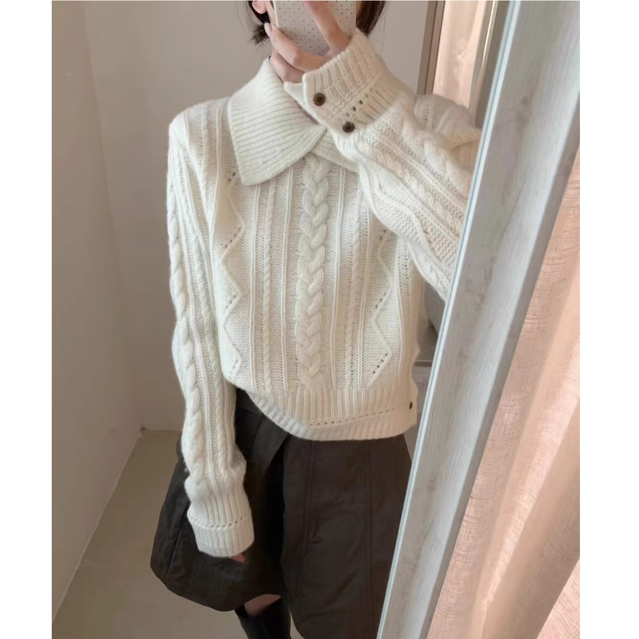 高端货~软糯100羊毛法式轻奢polo翻领绞花显瘦针织衫毛衣女打底衫