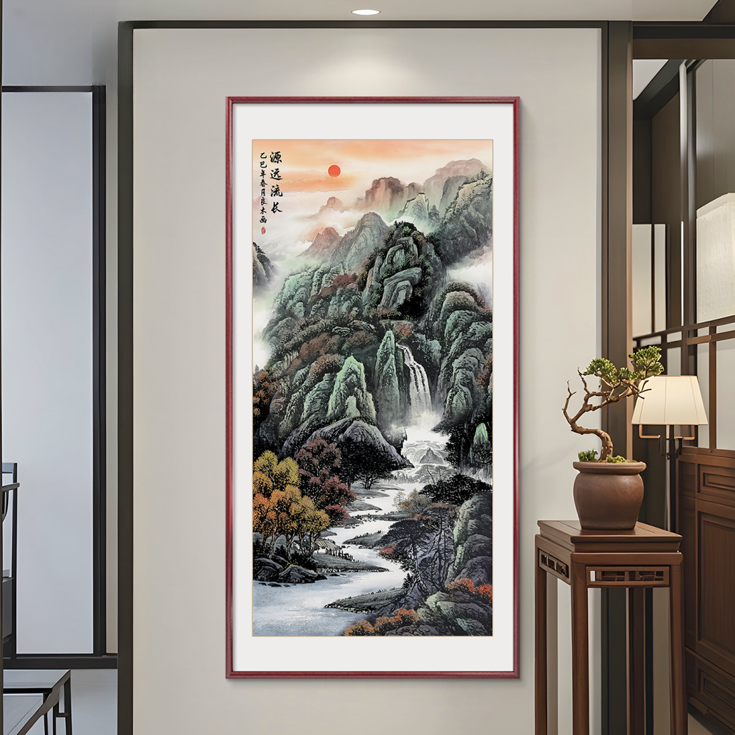 源远流长山水画玄关装饰画入户正对门走廊过道挂画新中式聚财壁画