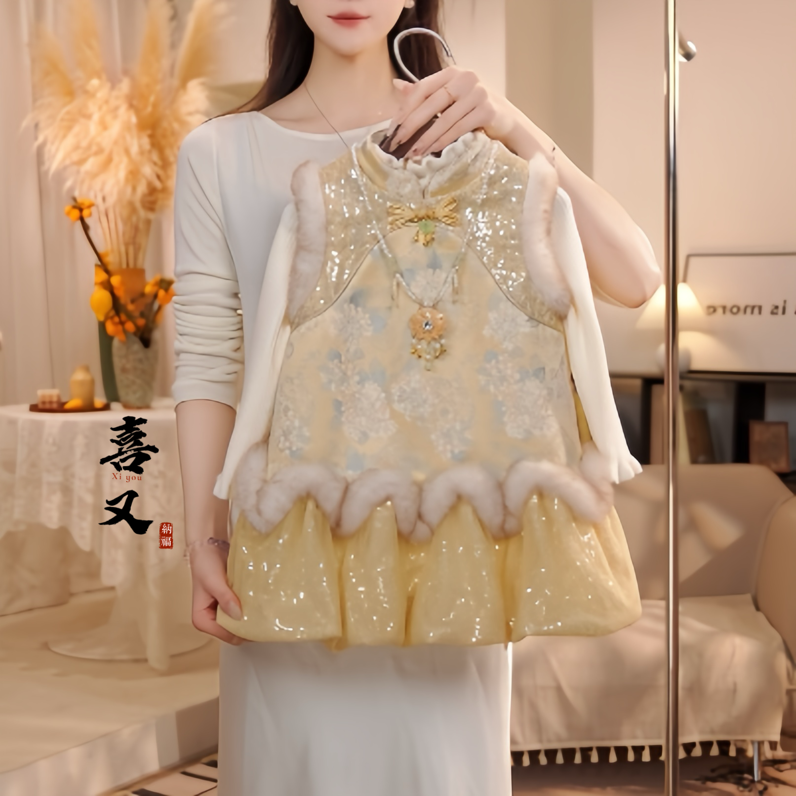 锦宜 25冬季新款女童新中式提花加绒连衣裙国风背心裙拜年服25970