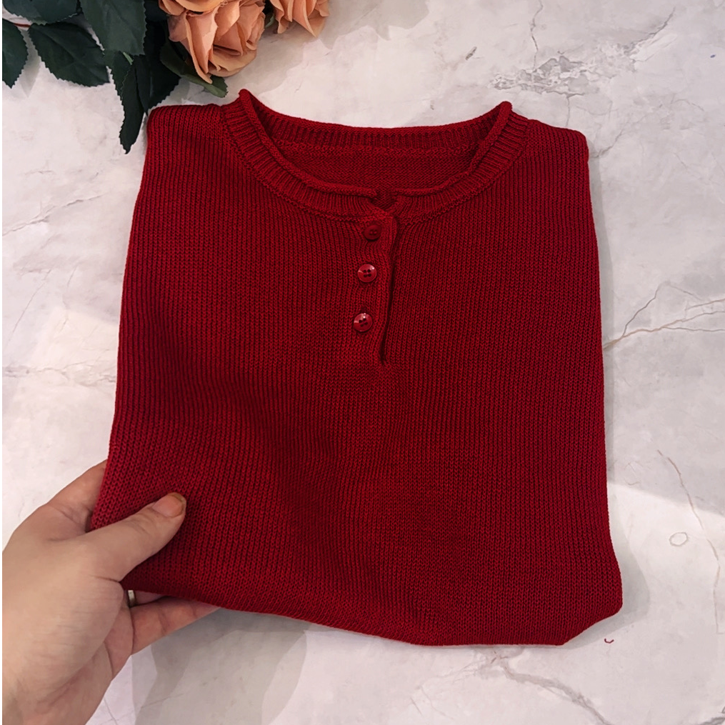 【有运费补贴】卷边酒红色夏季设计感和纸纱宽松百搭针织上衣