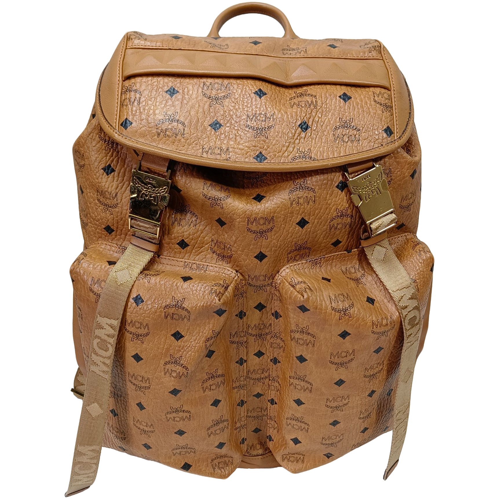 99新 MCM 二奢男包97新MCM印花干邑色抽绳大容量多功能双肩包0992