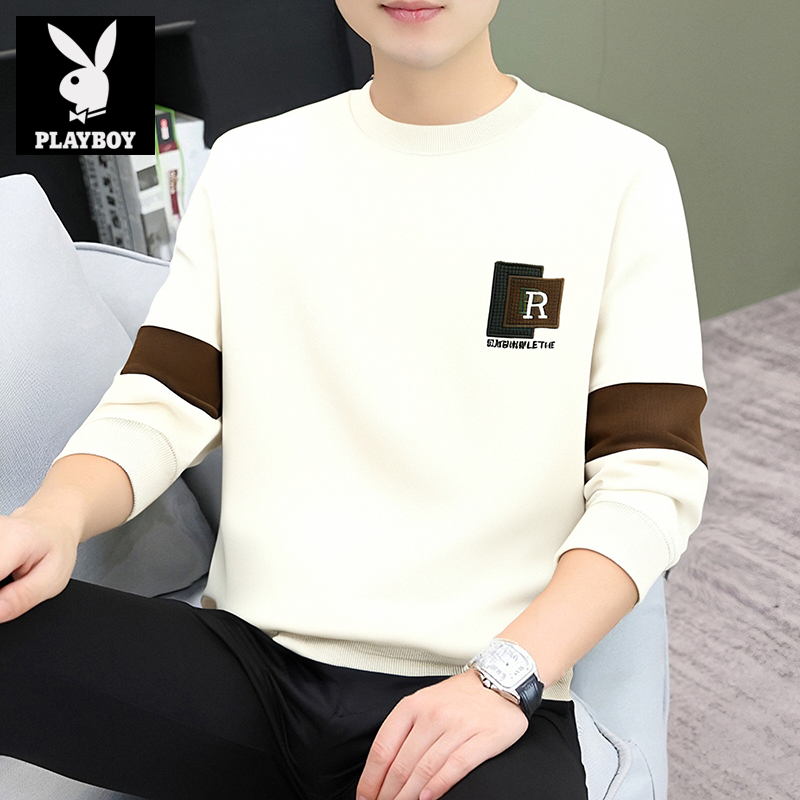 花花公子2025卫衣男圆领长袖秋季印花商务卫衣时尚打底衫薄款男士