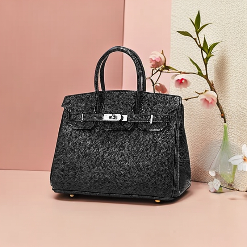 2025新款时尚轻奢百搭潮流手提包单肩斜挎女包荔枝纹铂金20黑色