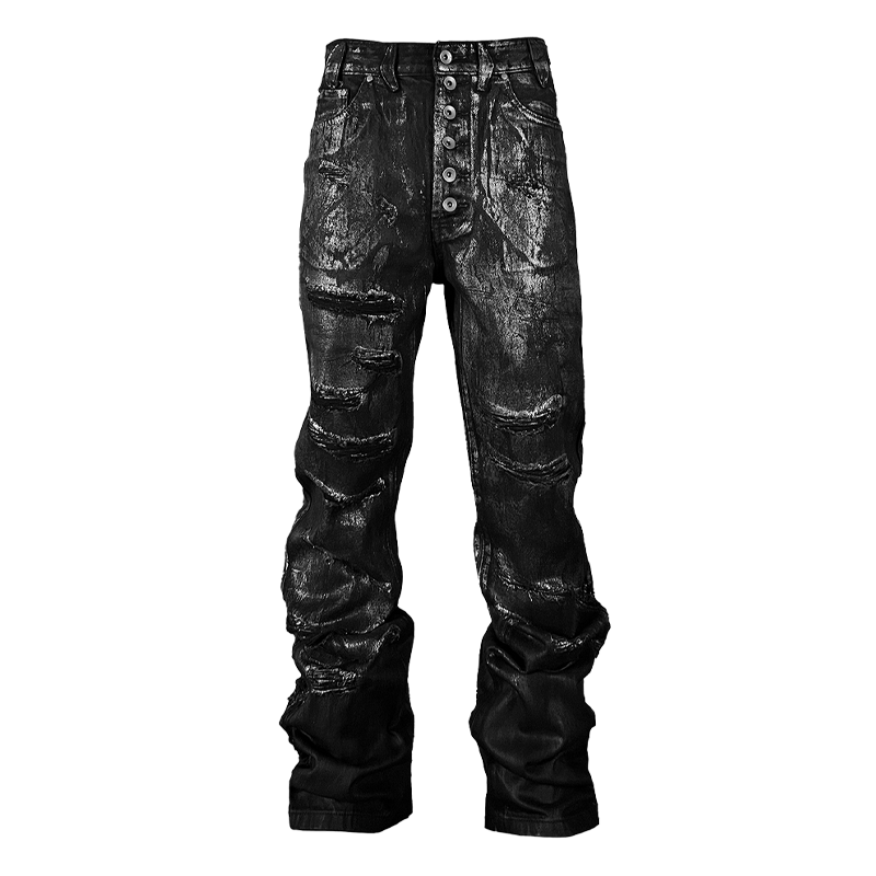 TecNineGroup DROP1 破坏刷银蜡裤微喇重工黑色牛仔裤