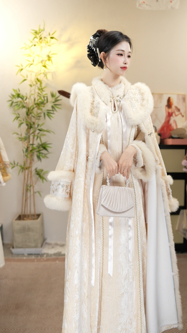 【花想容·香槟雅韵】新款国风加绒香槟新中式裙子加外套（5959+5979）