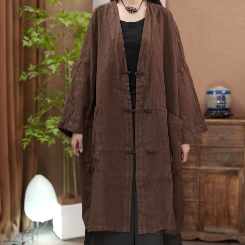 【原制原味】外套亚麻毛边大口袋长袖单层禅意宽松外披文艺开衫休闲