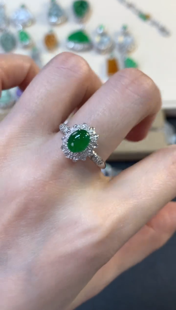 翡翠戒指18K金镶嵌蛋面戒指7500