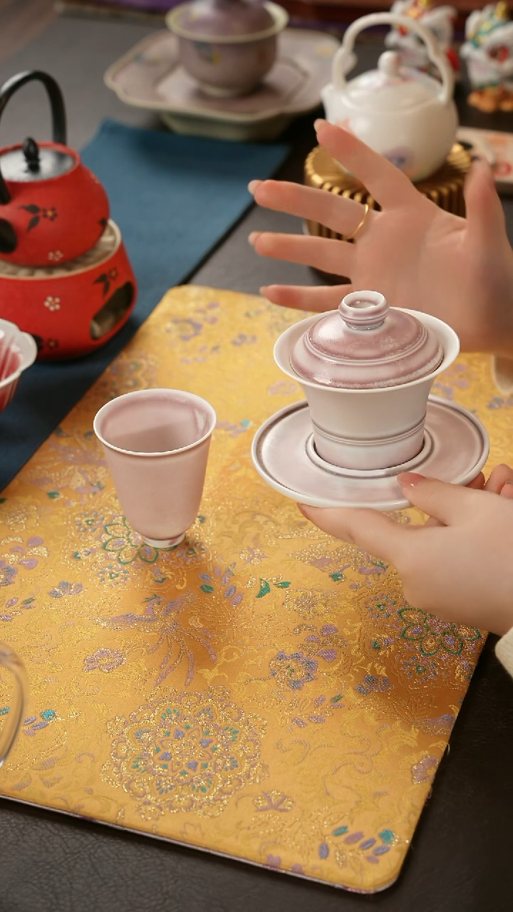 陶瓷茶具楚门窑变烟熏粉 1三才盖碗+1杯