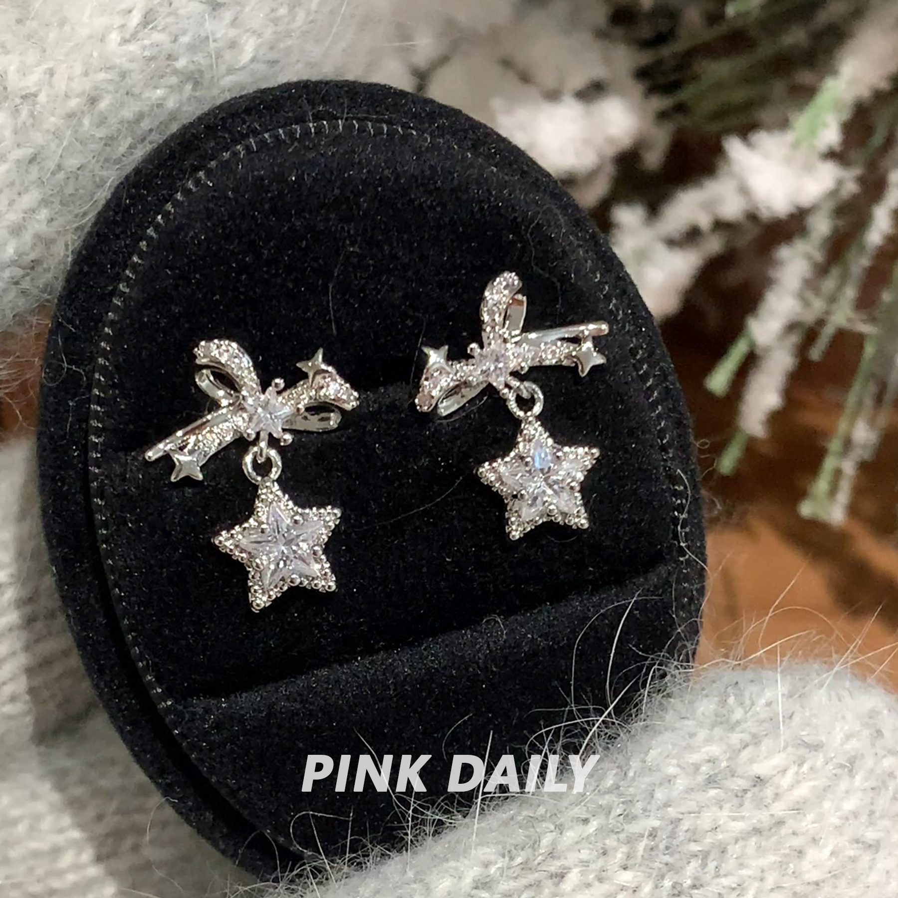 钛钢锆石耳饰 Pink Daily满钻蝴蝶结星星锆石吊坠耳骨钉轻奢气质