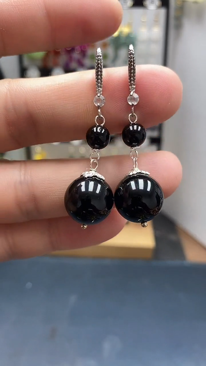 银S925镶嵌黑曜岩耳饰尺寸14mm连珠A5