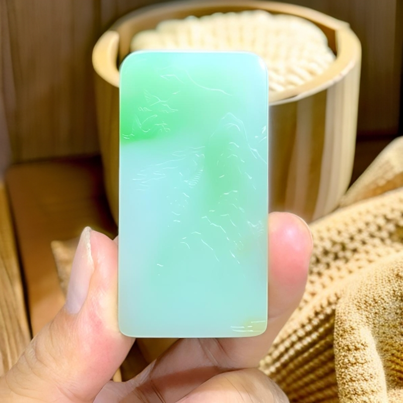 和田玉糖三彩翠青意境山水玉牌苏工双面雕上等和田玉无事牌