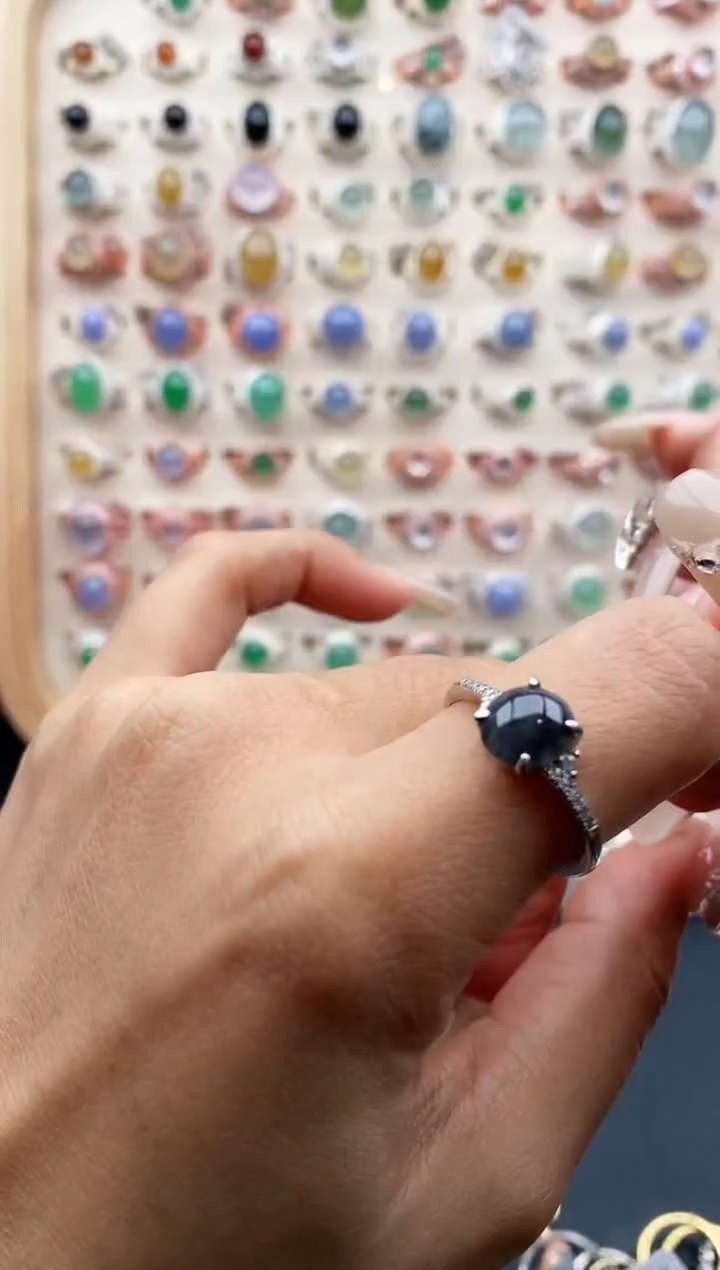 【闪购商品】翡翠戒指银S925镶嵌 缅甸天然A货翡翠444  4+5