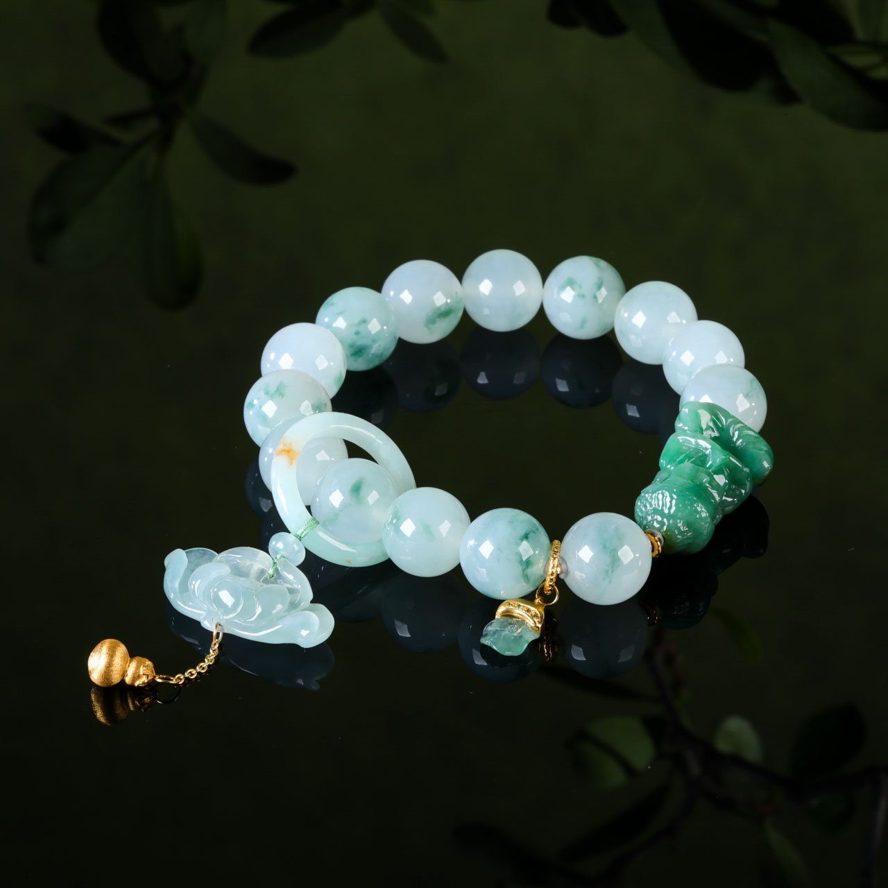 【意婵】《蓝色梦莲》12mm18K金天然缅A冰润翡翠如来单圈手链-916193
