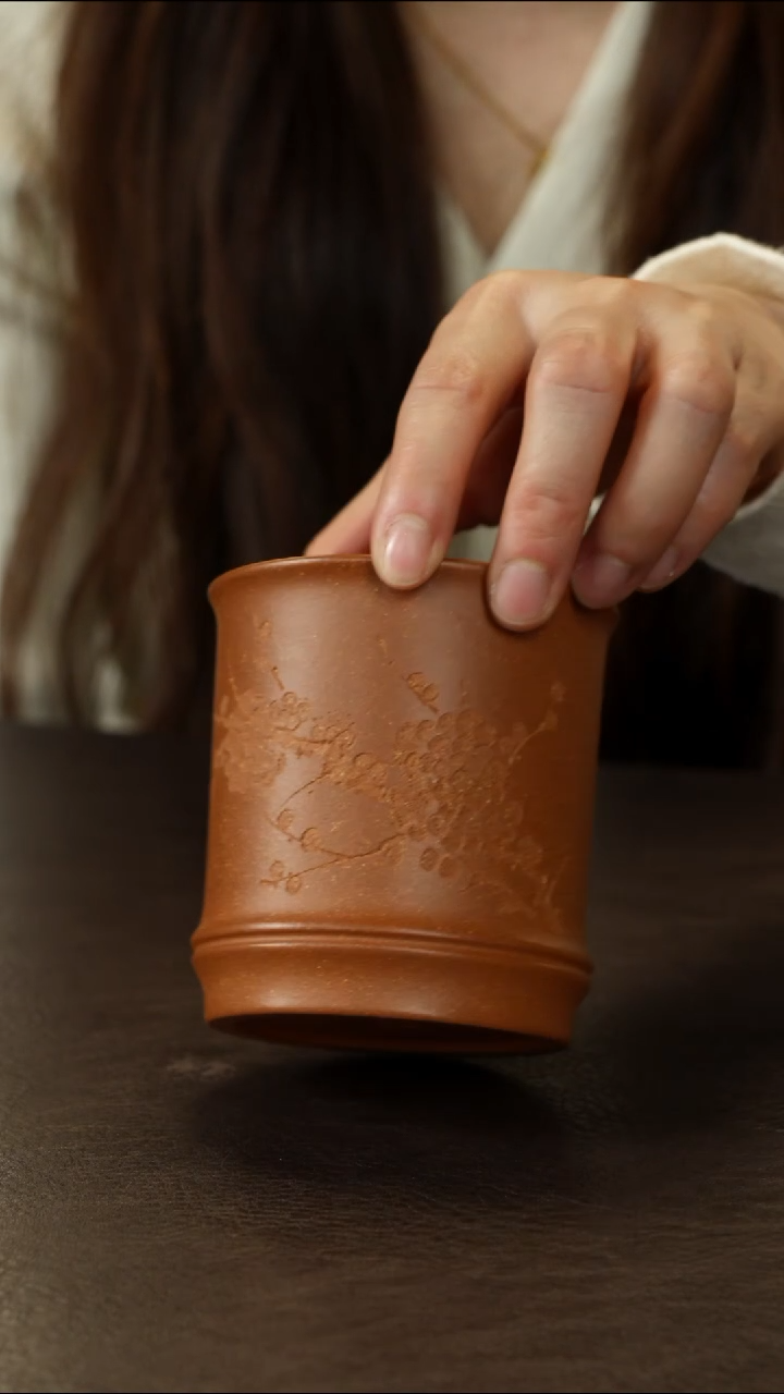 紫砂茶叶罐黄降坡竹节杯 210cc