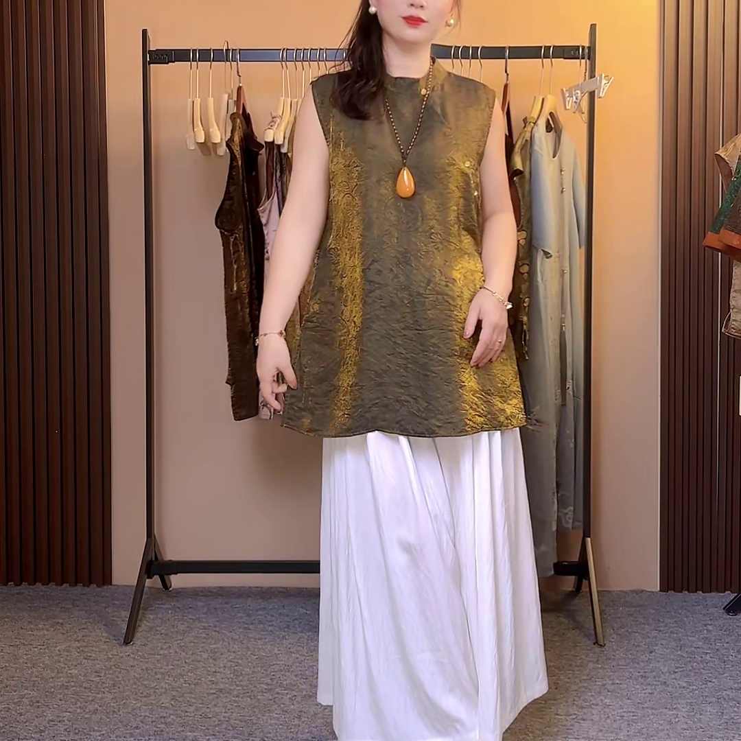 【小皮原创】新中式国风女款夏季百搭宽松气质时尚中长款上衣绿色