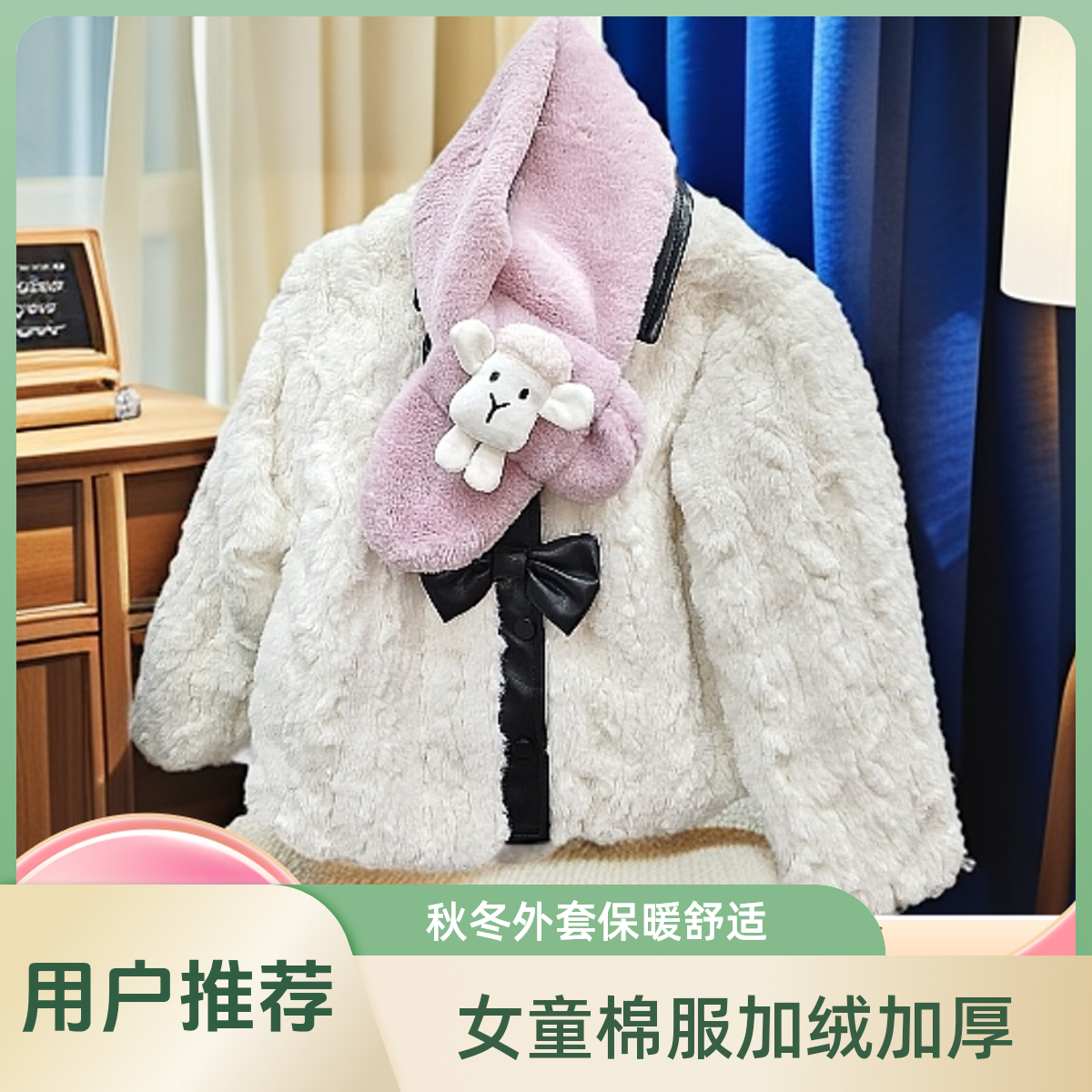 女童棉服加绒加厚外套儿童白色亲子百搭毛绒保暖秋冬冬季时尚