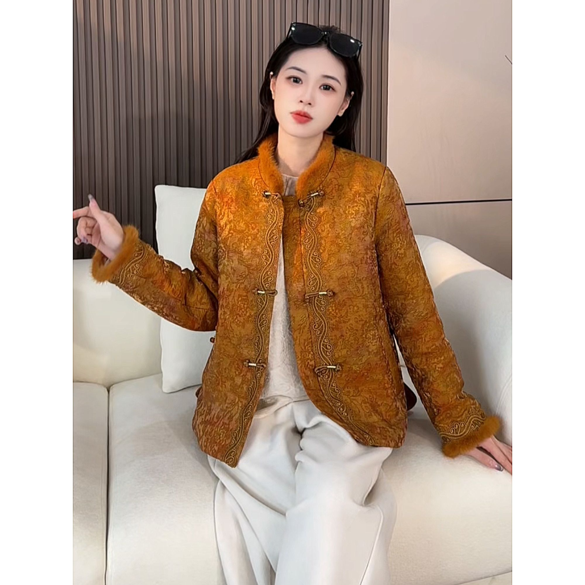 枕书眠 厚款纽扣水洗国风夹棉外套秋冬宽松秋冬大码立领