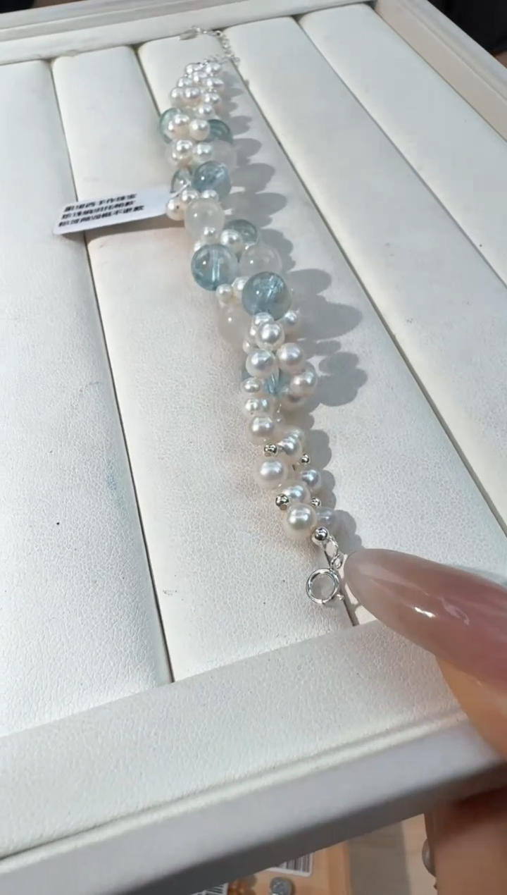 淡水珍珠手串银S925镶嵌珍珠托帕蓝月编绳发货多样性发其一
