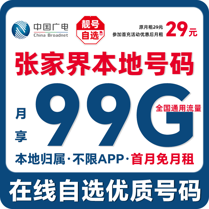【张家界】【自选靓号】中国广电本地归属99G大流量手机卡优惠电话卡