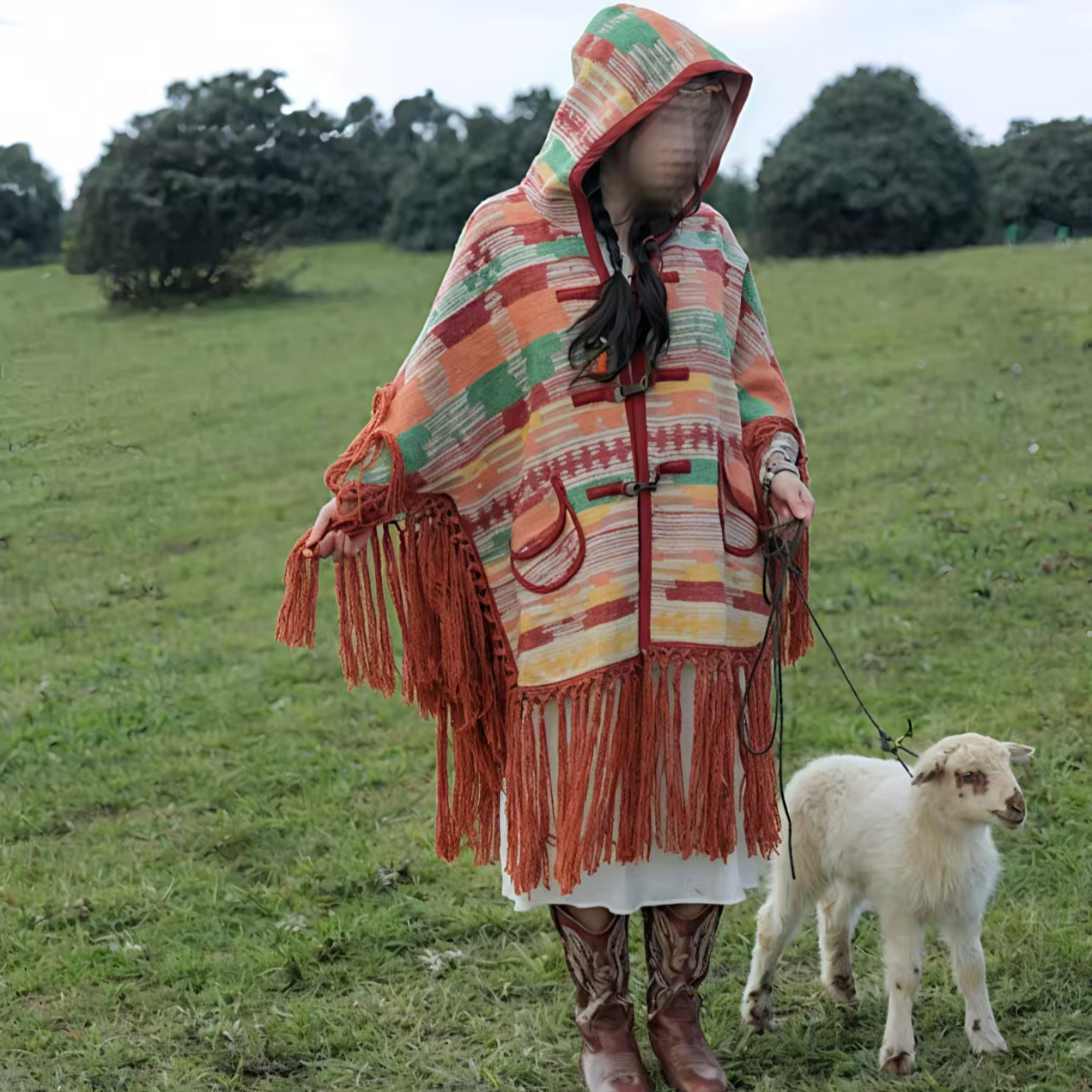 [依易原创]国潮民族风走秀款时尚宽松遮肉流苏斗篷E0501