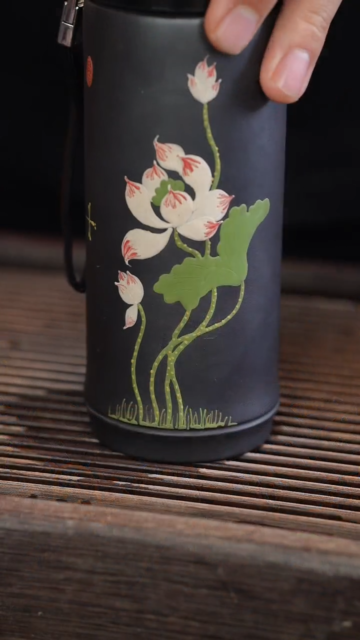 茶壶紫砂双层保温杯  黑金砂 荷花