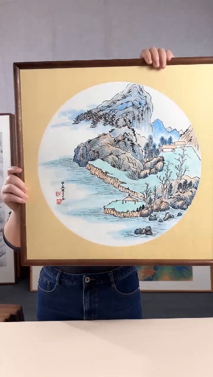 【闪购商品】国画手绘*山水斗方*53*53cm实木框