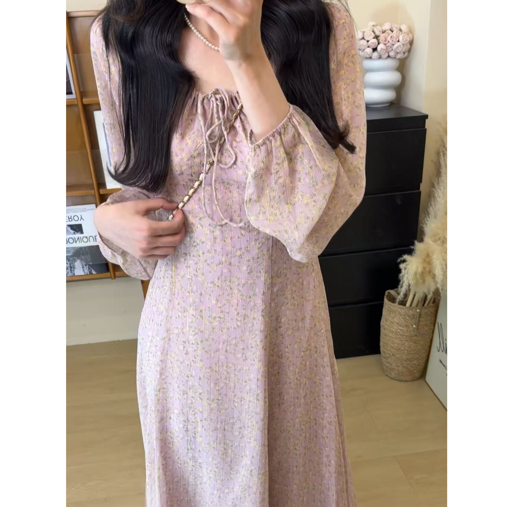 2025新款秋季法式甜美时尚收腰显瘦碎花茶歇樱花粉长袖女气质长裙