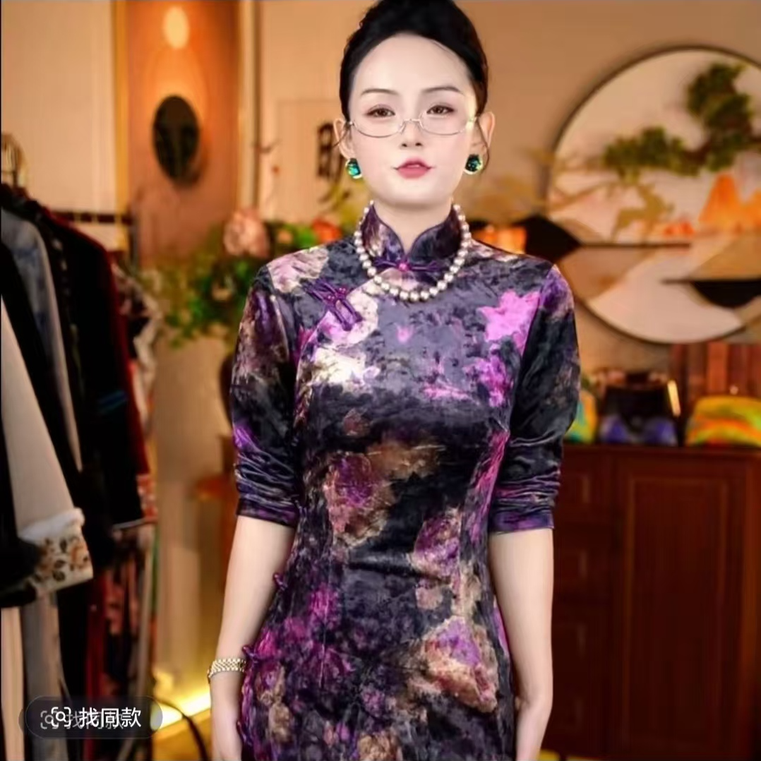 紫牡丹极简风常规提花长袖气质旗袍高腰裙金丝秋季双面花纹