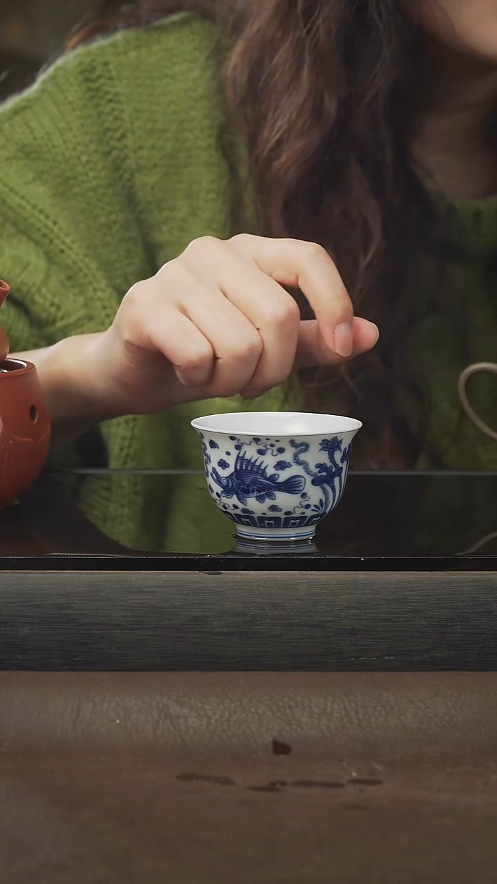 茶壶紫砂元青花瓷杯，70cc，鲑鱼