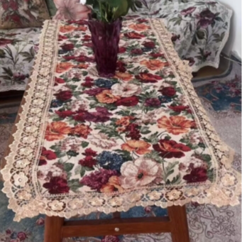 ZN102-14棉麻交织布【60*150】米白色百花齐放水溶边桌布茶几布