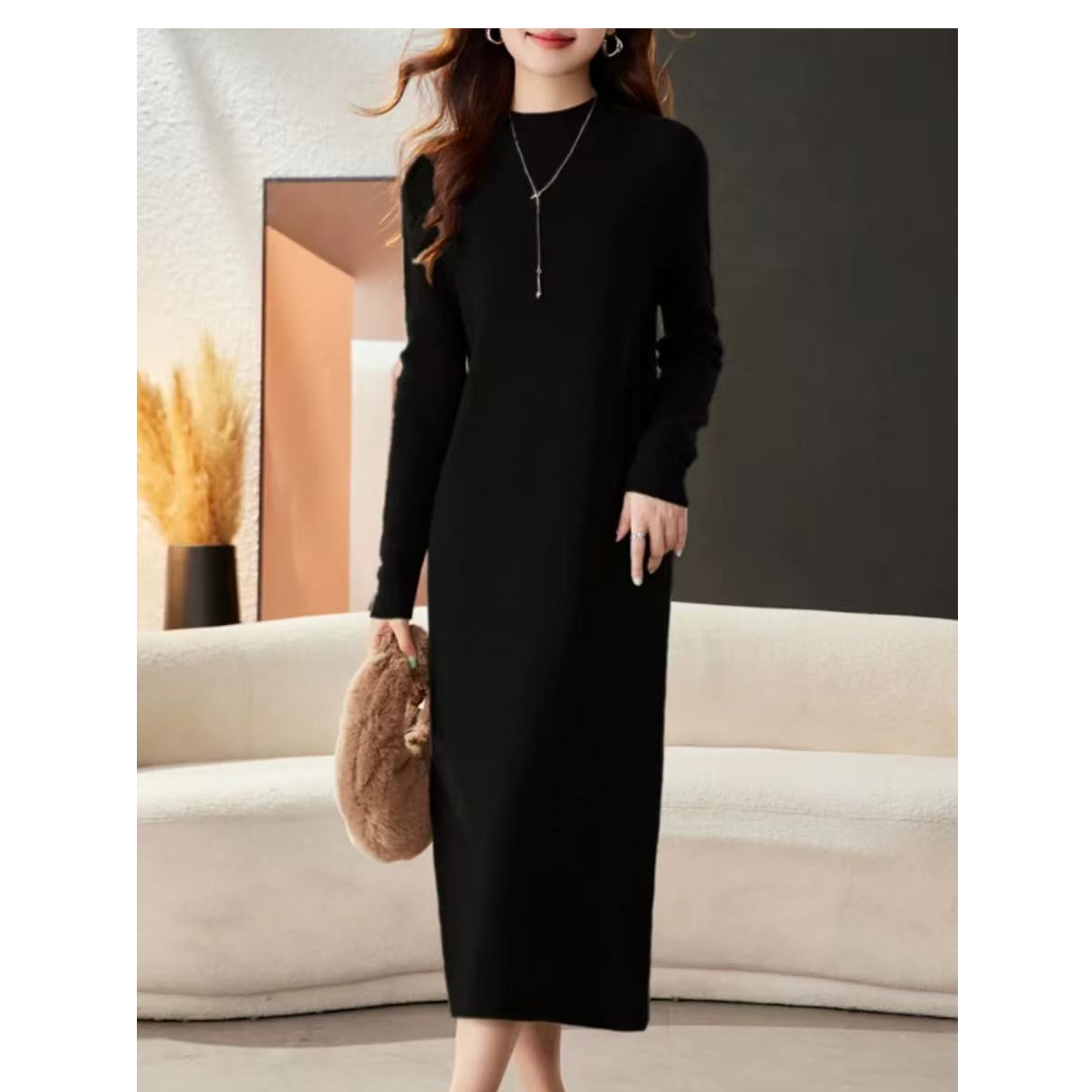 （现货）2025新款万能百搭半高领显瘦洋气宽松慵懒长款毛衣打底裙