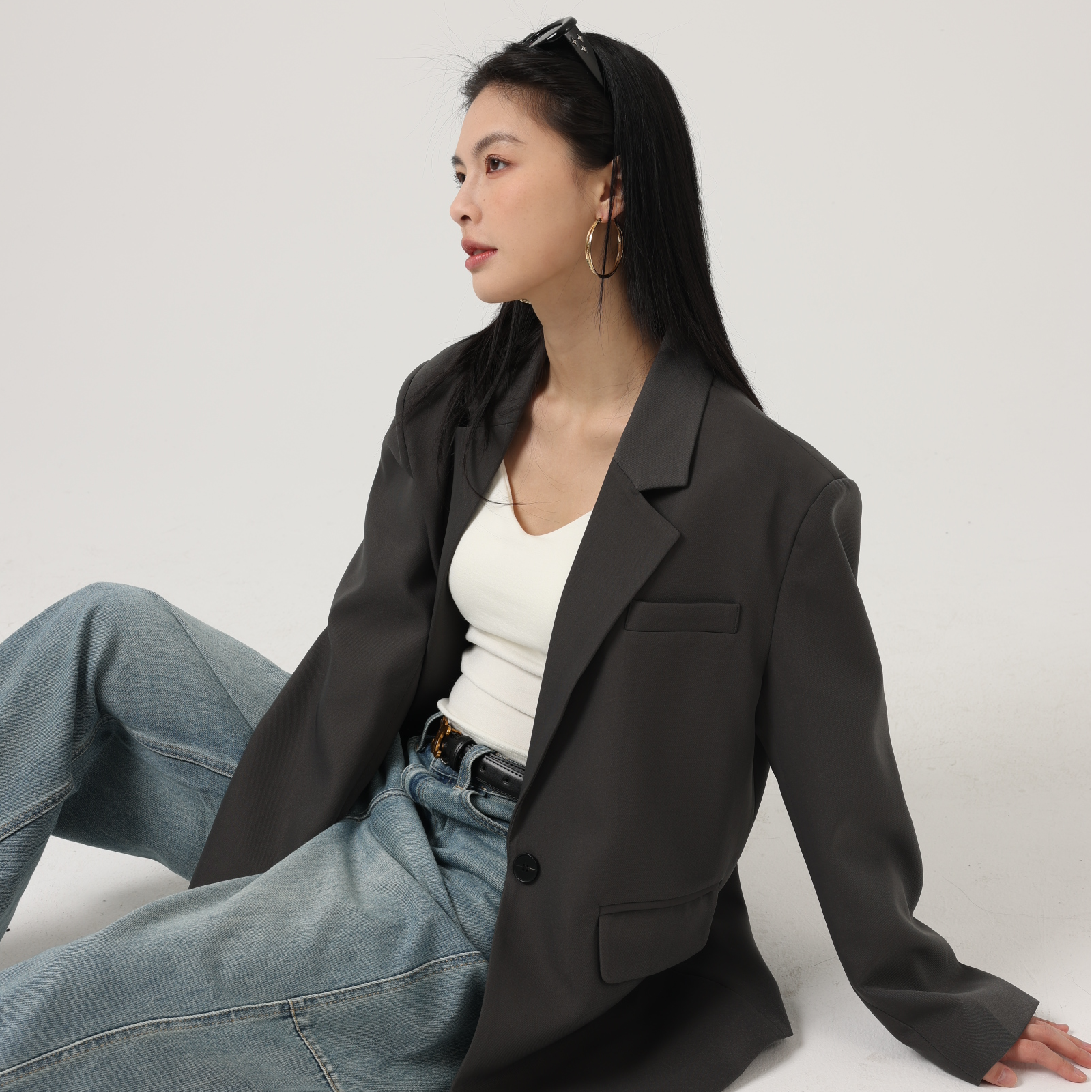 北极绒2025春款设计感女士休闲方领西装设计师秋冬通勤上衣女