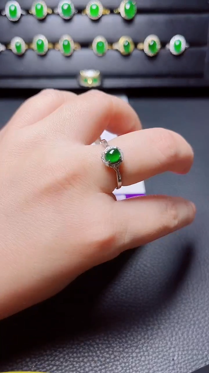 银S925镶嵌戒指翡翠 天然翡翠A货s925银镶