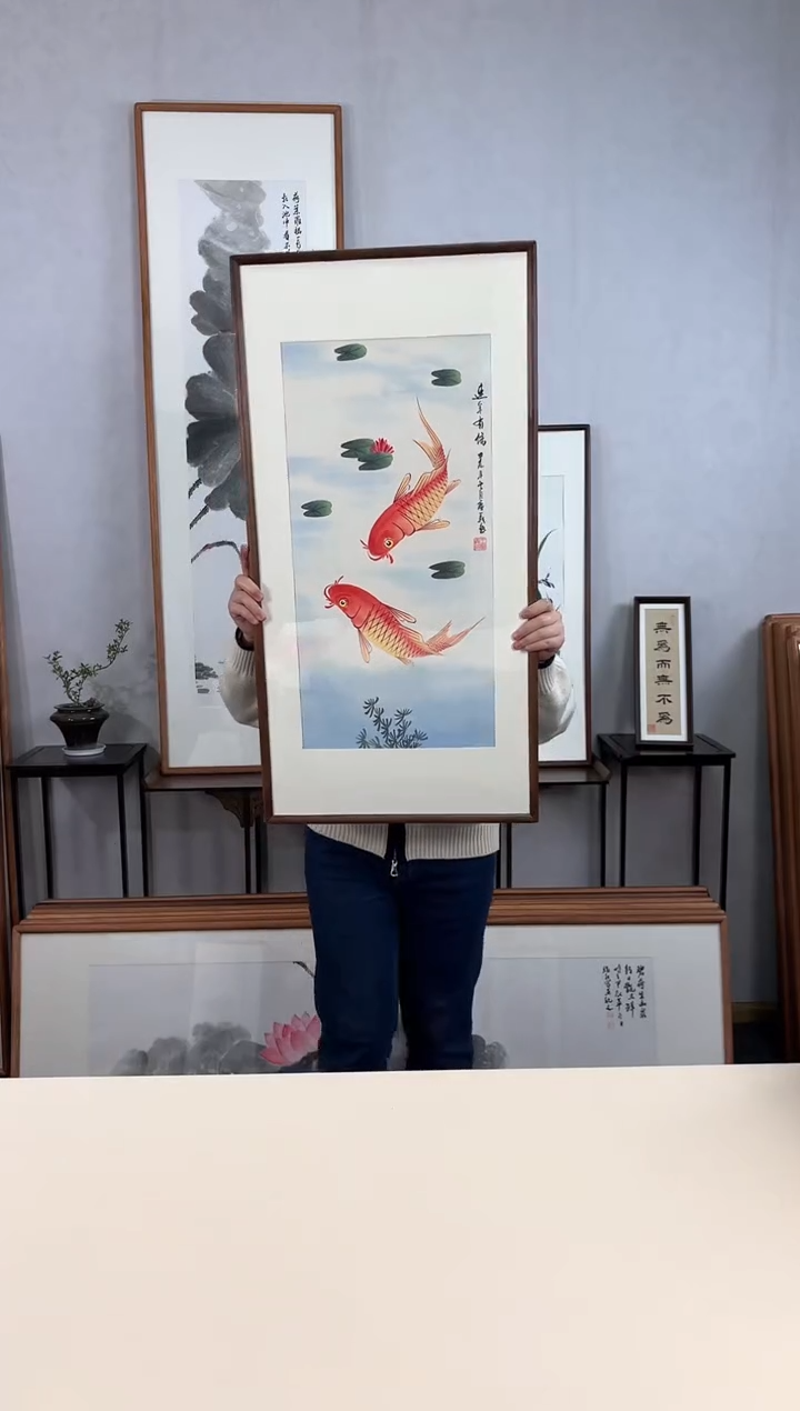 【闪购商品】国画手绘*连年有余*47*92cm实木框