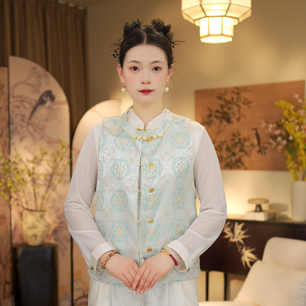 千色堇 宝相花款圆领盘扣国风马夹60155