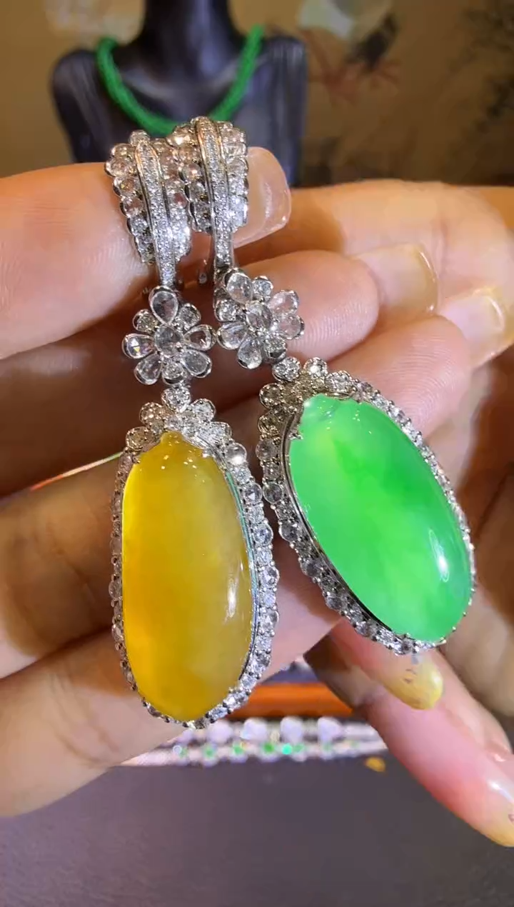 【闪购商品】翡翠耳饰18K金镶嵌高冰冰糖黄＋高冰阳绿福瓜设计款